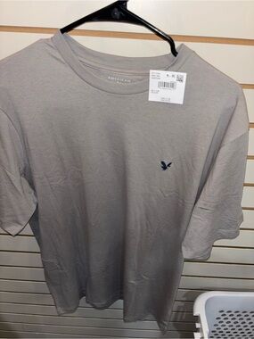 American Eagle Outfitters Men's Crewneck T‑Shirt — Light Gray with Navy Logo